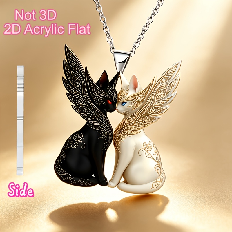 2D Flat Fashionable Cute Black and White Winged Cat Necklace Pendant